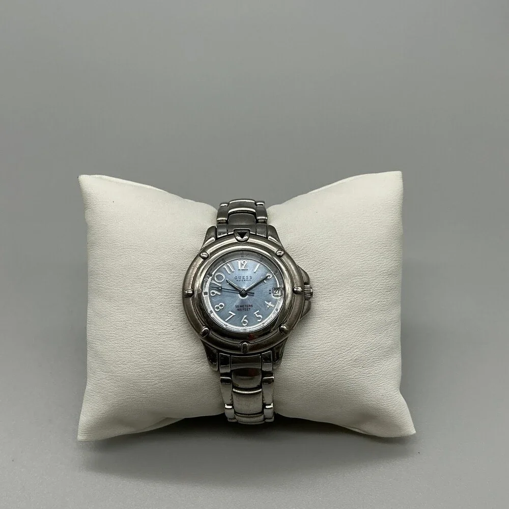 Guess Waterpro Womens Watch 29mm Blue Dial Date Silver Tone New Battery 5.75